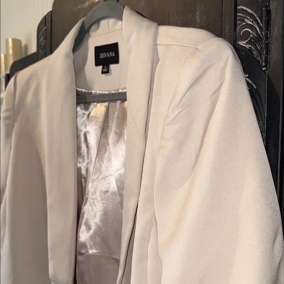 ZENANA WOVEN 3/4 RUCHED SLEEVE OPEN FRONT CLASSIC BLAZER - Picture 2 of 13